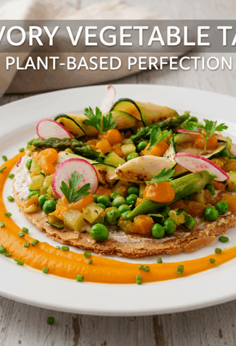 Vegan savory vegetable tart made with puff pastry, tofu spread, roasted zucchini, asparagus, tomatoes, and smooth butternut squash purée, garnished with herbs.