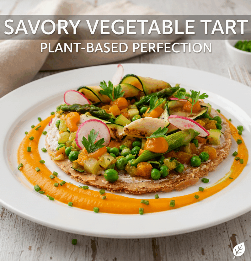 Vegan savory vegetable tart made with puff pastry, tofu spread, roasted zucchini, asparagus, tomatoes, and smooth butternut squash purée, garnished with herbs.