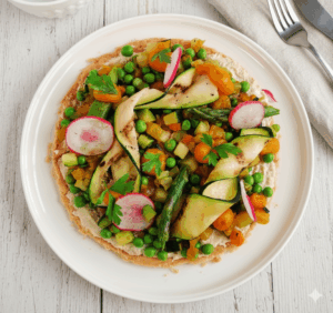 Vegan savory vegetable tart made with puff pastry, tofu spread, roasted zucchini, asparagus, tomatoes, and smooth butternut squash purée, garnished with herbs.