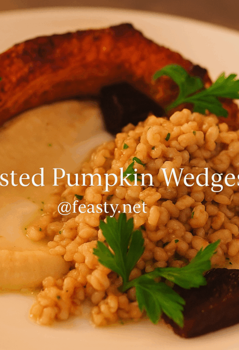 A plated dish of roasted pumpkin wedges served with creamy celeriac purée, farro grains, roasted beetroot, and fresh parsley, beautifully arranged on a white plate under warm autumn lighting.