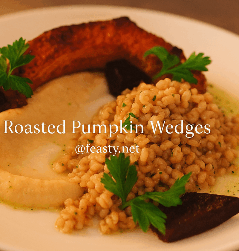 A plated dish of roasted pumpkin wedges served with creamy celeriac purée, farro grains, roasted beetroot, and fresh parsley, beautifully arranged on a white plate under warm autumn lighting.