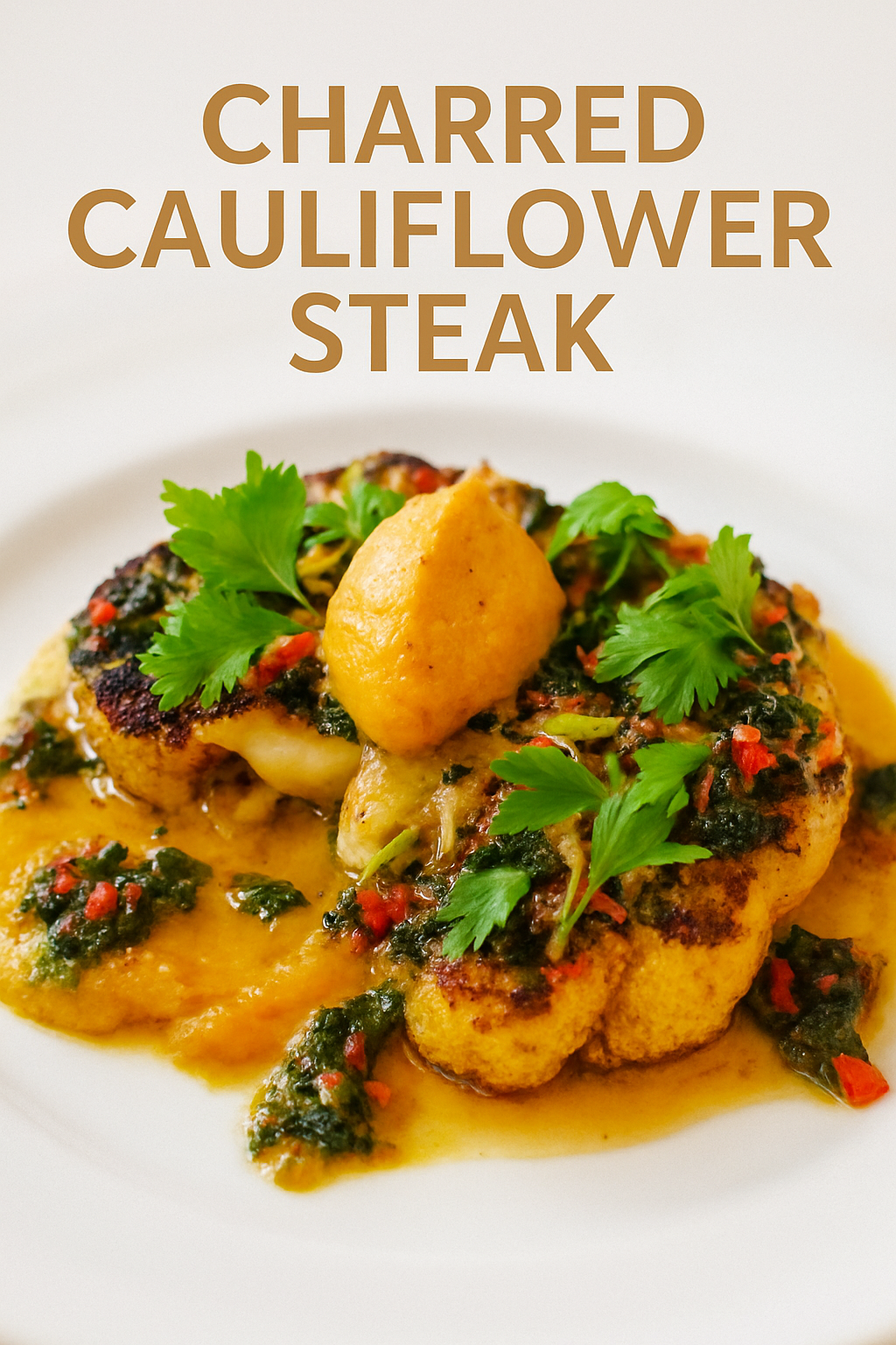 Charred cauliflower steak served with creamy carrot hummus and fresh chimichurri sauce on a rustic plate — a vibrant vegan dish from FeastyNet.net.