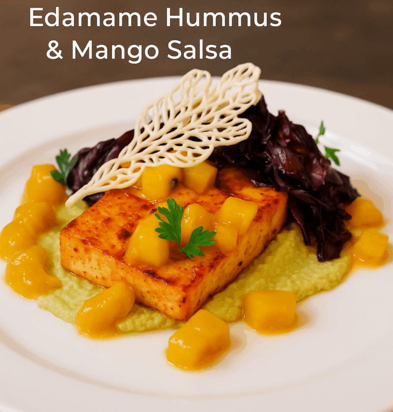 A beautifully plated vegan dish featuring marinated grilled tofu served on creamy edamame hummus, topped with roasted red cabbage, fresh mango salsa, and garnished with a crispy tuile and herbs on a white plate.