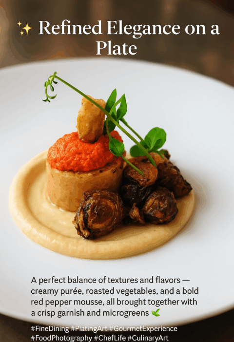 Gourmet vegan Celeriac Duo dish plated on a white plate, featuring Fondant Celeriac on a purée, topped with red Sun-Dried Tomato Hummus, crispy Brussels Sprouts, and a microgreen garnish.