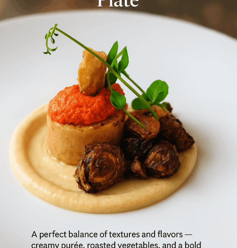 Gourmet vegan Celeriac Duo dish plated on a white plate, featuring Fondant Celeriac on a purée, topped with red Sun-Dried Tomato Hummus, crispy Brussels Sprouts, and a microgreen garnish.