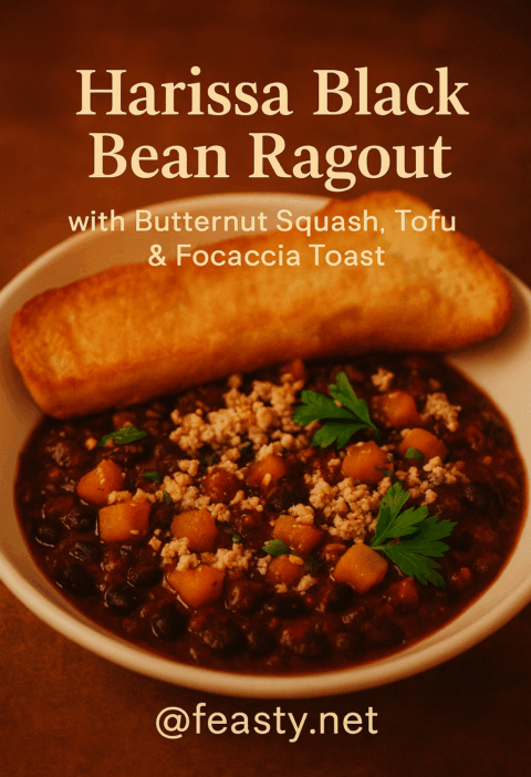 A warm bowl of Harissa Black Bean Ragout topped with roasted butternut squash, grated tofu, and fresh parsley, served with a golden focaccia slice on the side.