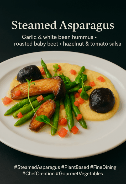 A gourmet plated dish of steamed asparagus served with roasted baby beet, king oyster mushrooms, garlic and white bean hummus, and a hazelnut-tomato salsa, garnished with microgreens and toasted hazelnuts on a white plate.