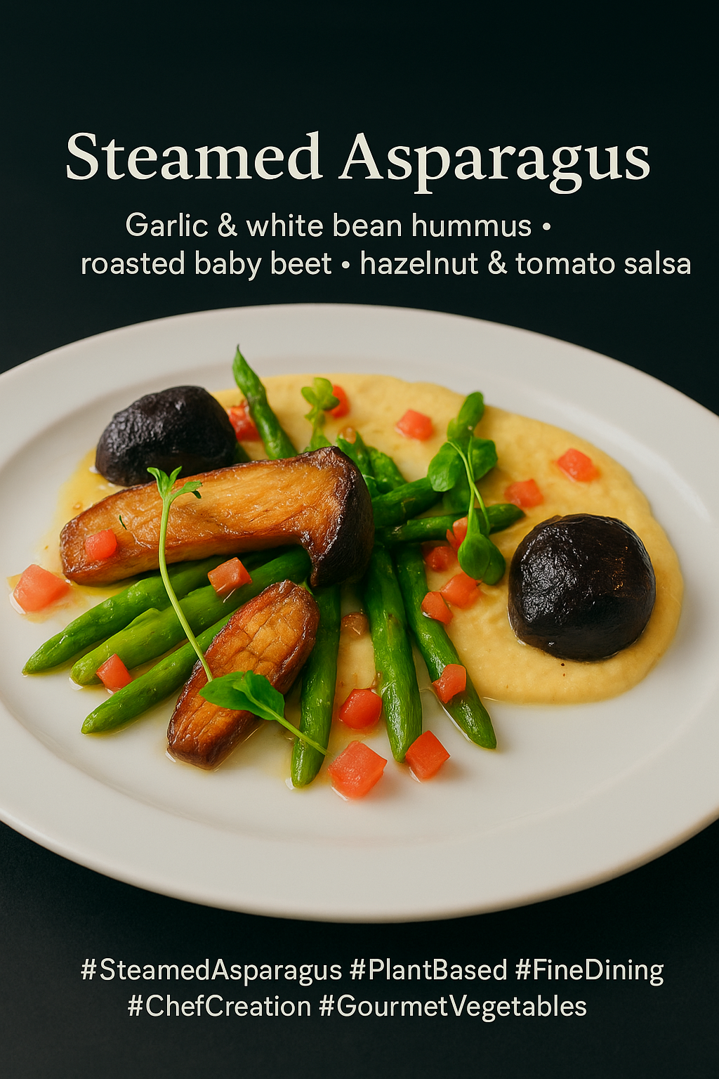 A gourmet plated dish of steamed asparagus served with roasted baby beet, king oyster mushrooms, garlic and white bean hummus, and a hazelnut-tomato salsa, garnished with microgreens and toasted hazelnuts on a white plate.