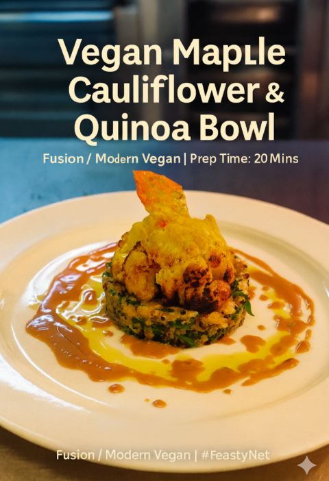 Vegan Maple Cauliflower & Quinoa Bowl with roasted turmeric cauliflower, quinoa, miso tahini dressing, pomegranate seeds, and fried tomato skin on a white plate.