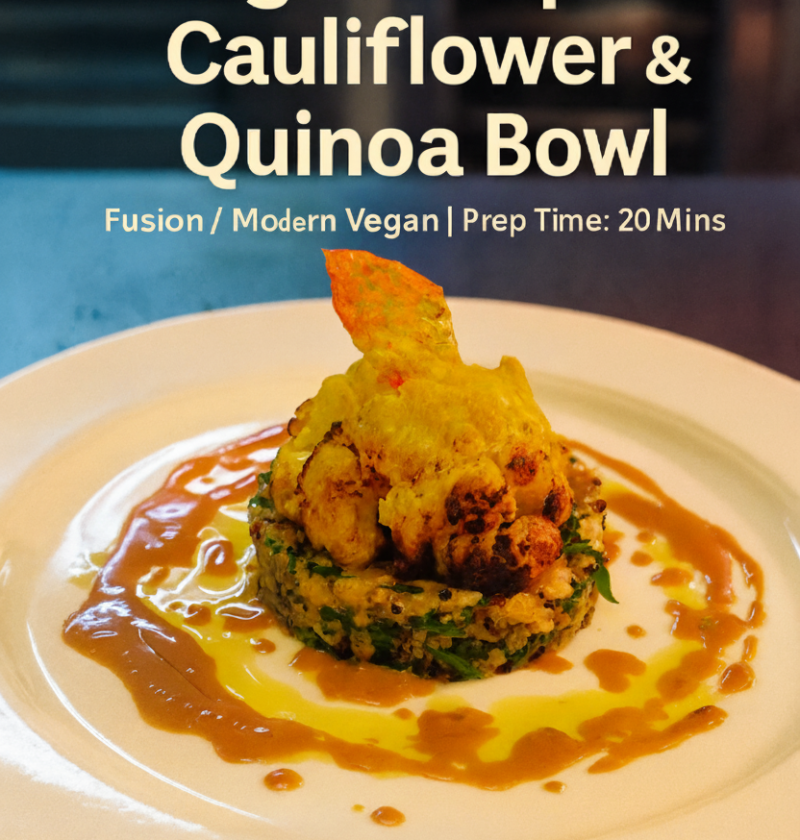 Vegan Maple Cauliflower & Quinoa Bowl with roasted turmeric cauliflower, quinoa, miso tahini dressing, pomegranate seeds, and fried tomato skin on a white plate.