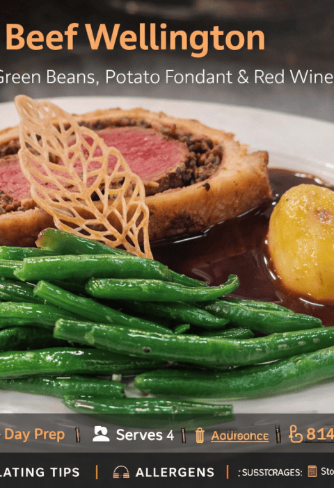 Slice of traditional beef Wellington with medium-rare beef, mushroom duxelles, potato fondant, sautéed garlic green beans, and red wine sauce on a white plate
