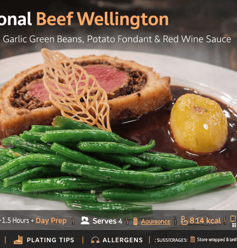 Slice of traditional beef Wellington with medium-rare beef, mushroom duxelles, potato fondant, sautéed garlic green beans, and red wine sauce on a white plate