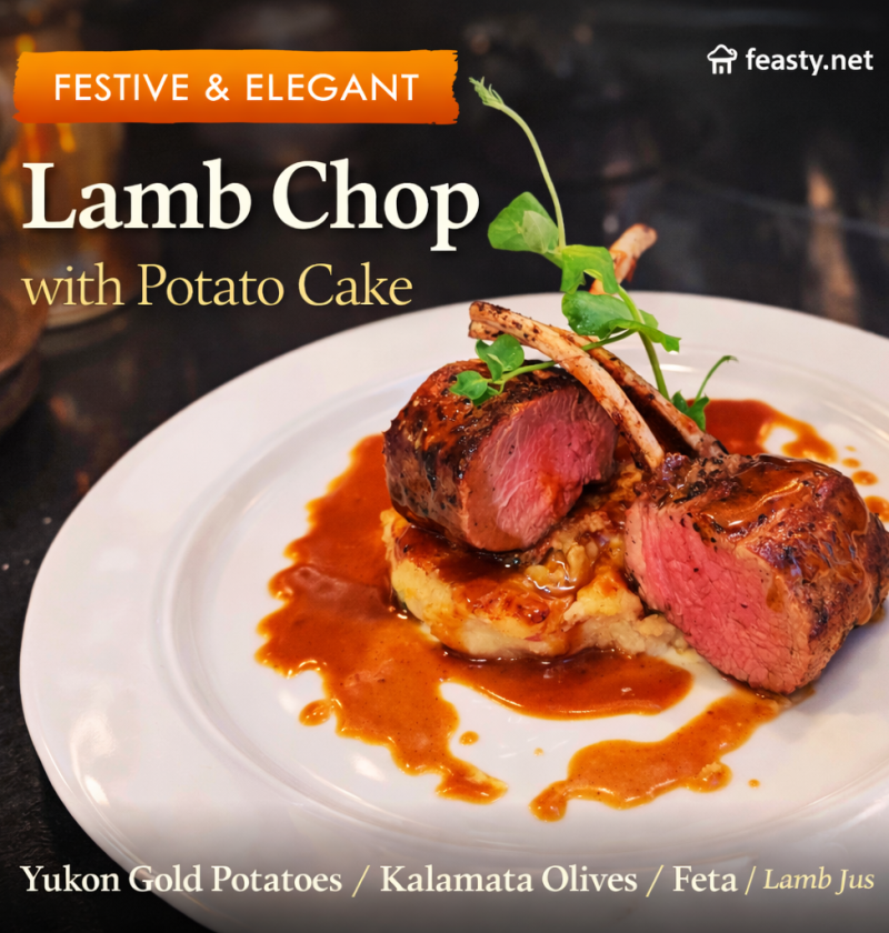Herb-marinated lamb chops served medium with feta potato cake and rich lamb jus