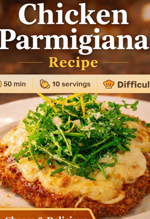 Chicken Parmigiana topped with melted mozzarella and tomato sauce