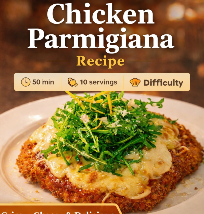 Chicken Parmigiana topped with melted mozzarella and tomato sauce