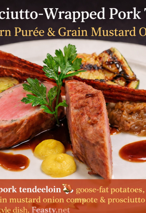 Prosciutto-wrapped pork tenderloin sliced and plated with sweet corn purée, grain mustard onion compote, goose-fat potatoes, and prosciutto chip