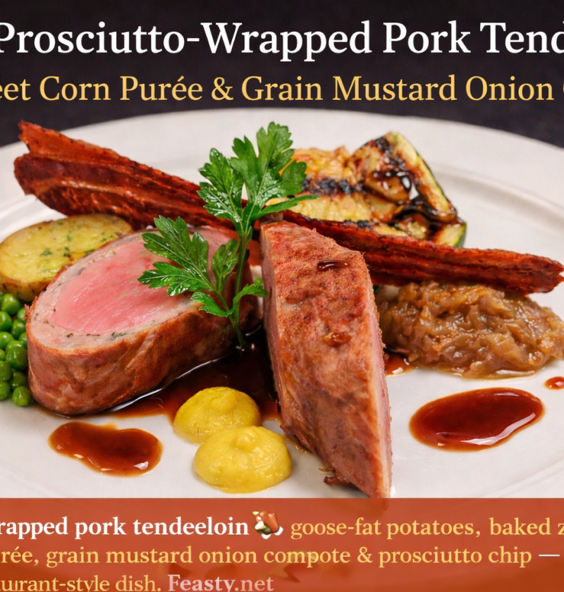 Prosciutto-wrapped pork tenderloin sliced and plated with sweet corn purée, grain mustard onion compote, goose-fat potatoes, and prosciutto chip