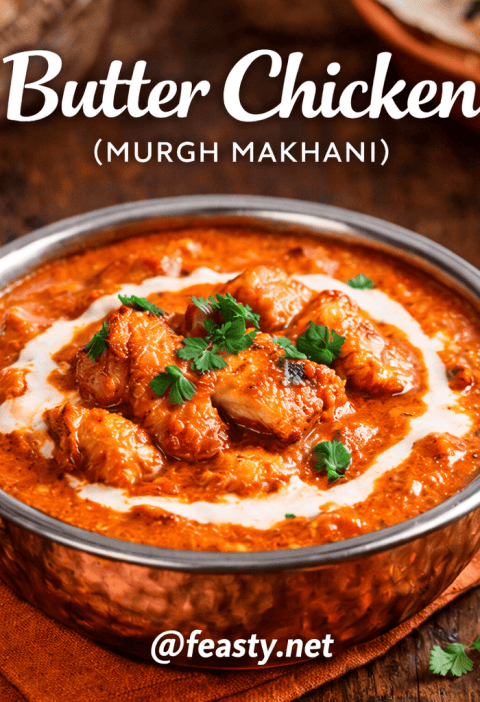 Delicious butter chicken served in a traditional bowl with creamy tomato sauce and fresh herbs, perf.