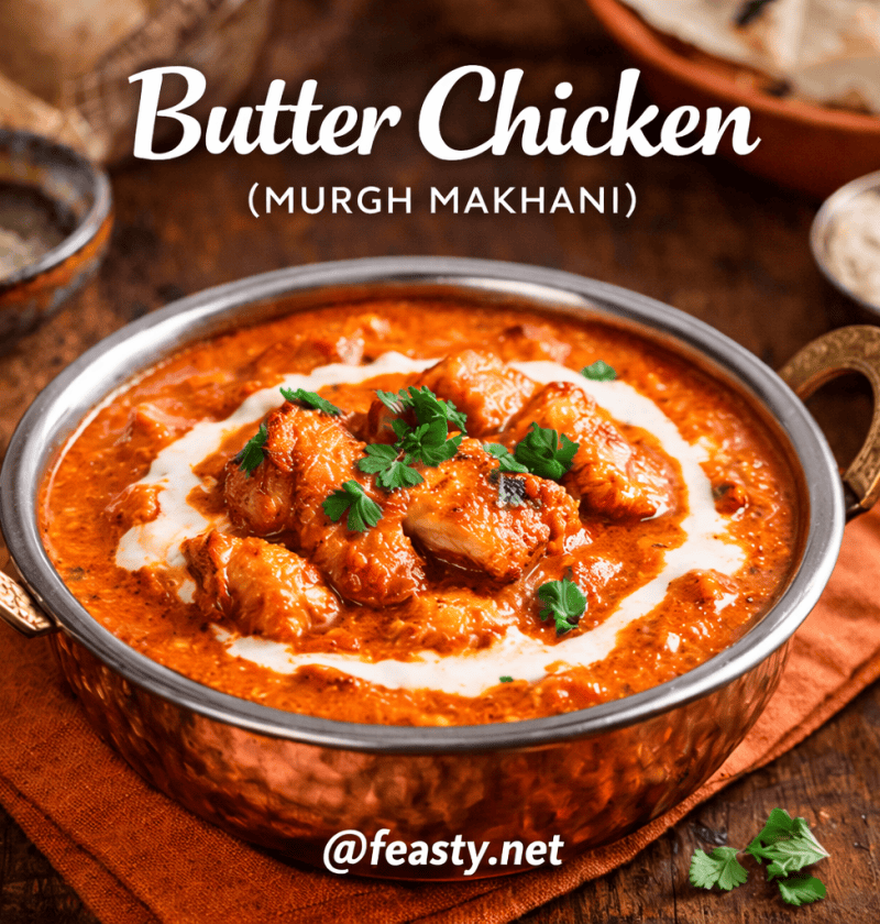 Delicious butter chicken served in a traditional bowl with creamy tomato sauce and fresh herbs, perf.