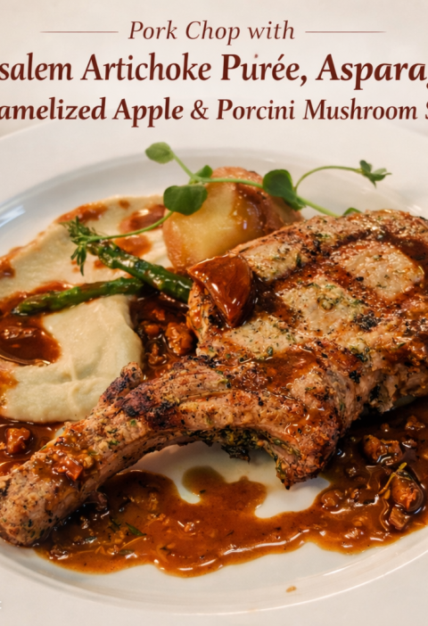 Pork chop with Jerusalem artichoke puree, asparagus, caramelized apple and porcini mushroom sauce