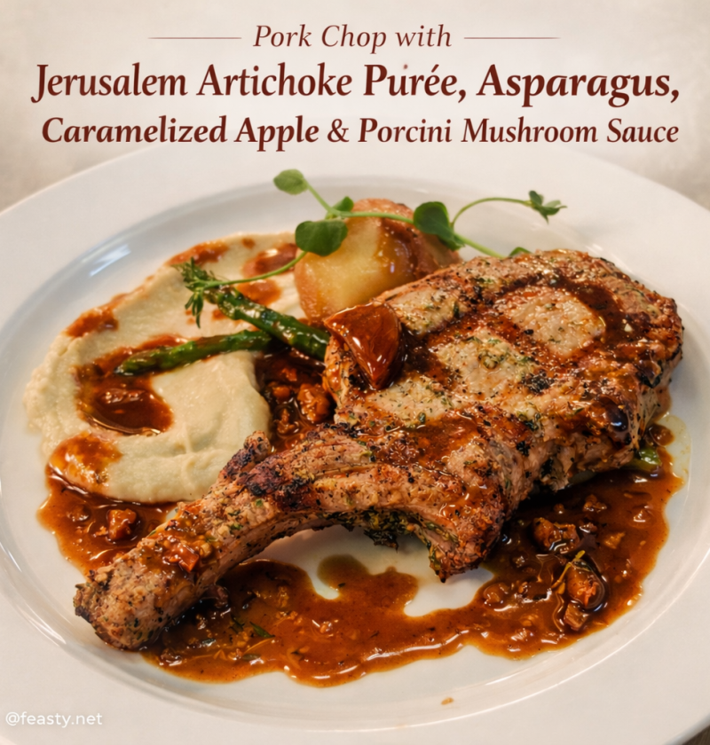 Pork chop with Jerusalem artichoke puree, asparagus, caramelized apple and porcini mushroom sauce